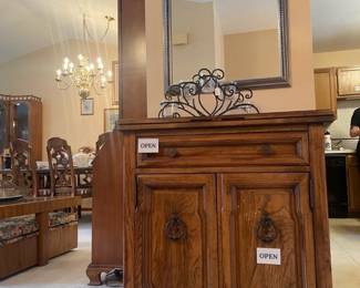 Silver Framed Mirror, Metal Candle Holder, Flip top serving buffet