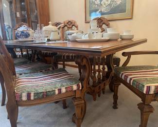 Trestle Wooden Dining Table, 8 Wood and Upholstered Dining Chairs
