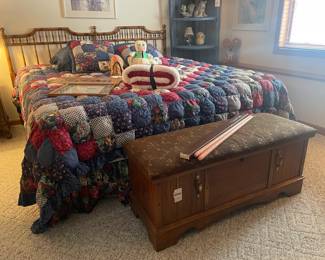 Lane Storage Bench, Puff Quilt Blanket, Pillows, Dolls, Stuffed Animals, Artwork, London Fog Throw, King Sized Mattress, King Sized Bed Frame


