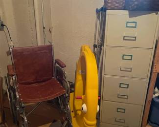 wheelchair, filing cabinet, baskets