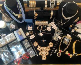 Sterling Jewelry, Vintage Costume Jewelry (brands like Monet and Trifari), Braided Sterling Bangle, Sterling Braided Bracelet, Danecraft Sterling Brooch, Sterling Chain, Brass Cuff, 14k Drop Earrings (BL), 14k Pearl Earrings (BL), Poul Warmind Sterling Earrings, Sterling Black Stone Necklace