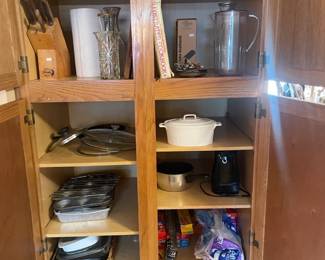 Tea kettle, knife block, baking pans, pitchers, vases