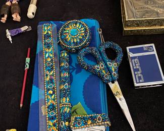 Jeweled office supplies including ruler, pen, stapler, scissors, tape measurer