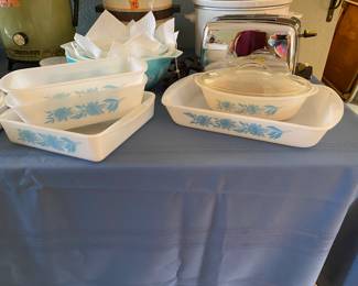 Vintage Milk Glass Blue Thistle Flowers various size casserole dishes
