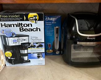 Hamilton Beach Coffee Maker (NIB), Oster electric wine opener (NIB) and Power XL Air Fryer.