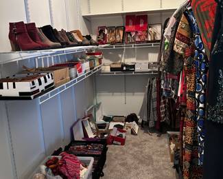 Closet full of woman’s clothing, scarfs, Shoes (size 10-10 1/2) and more, many NWT!