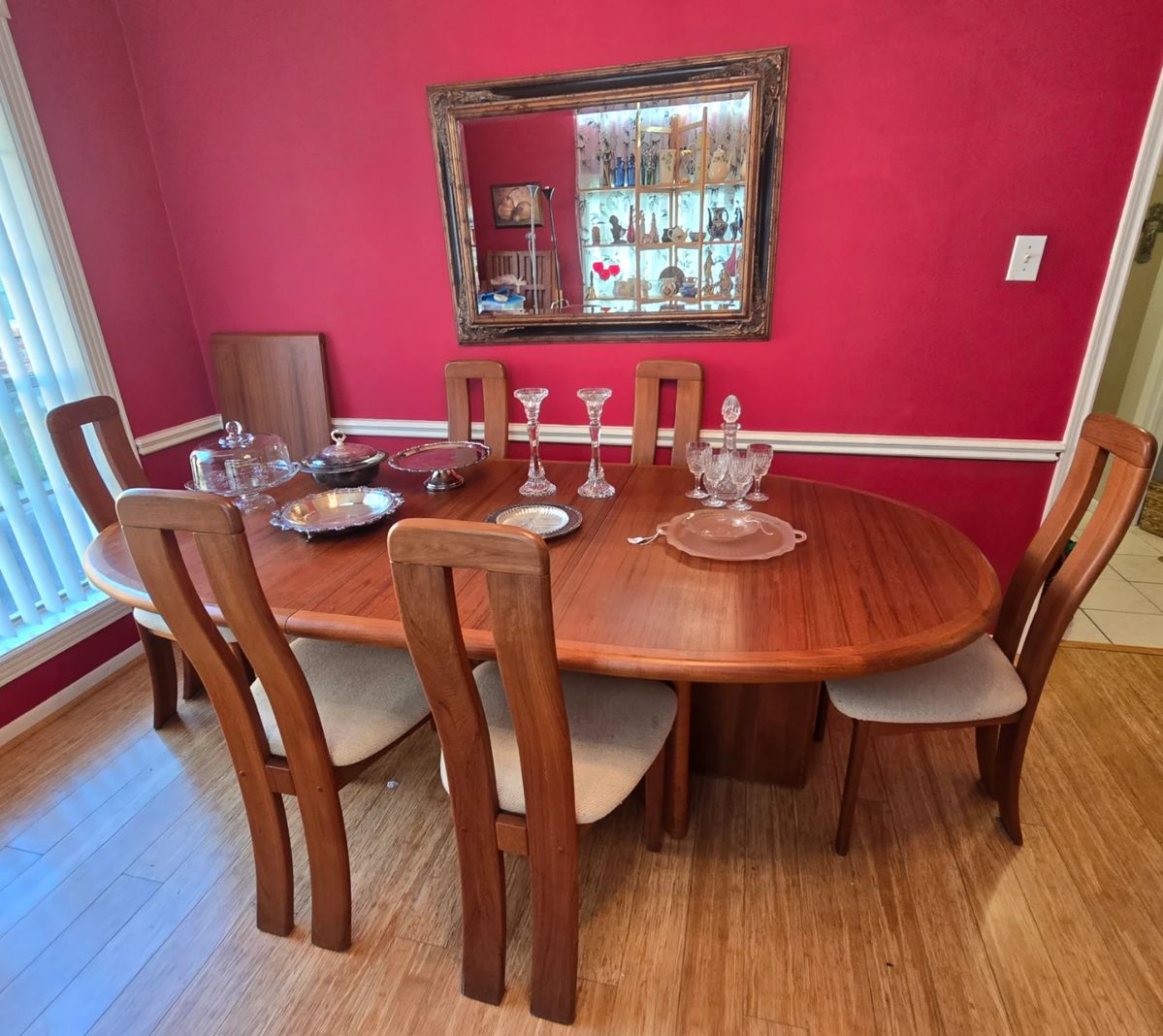 Ansager Mobler - Made in Demark - Beautiful Danish modern teak dining set with 2 leaves and 6 chairs.  Assorted glass serving pieces, crystal and more!  