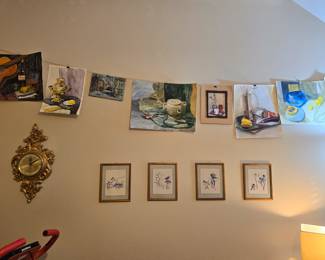 Original artwork unframed, vintage Syroco 8 day clock, set of 4 framed blue bird pictures (they are so cute!)