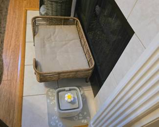 Pet supplies - wicker dog bed, wicker cat house table, bark tortoise tunnel (or lizard-hamster-snake), pet water fountain