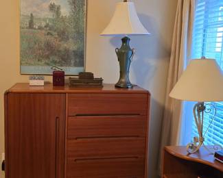 High quality hardwood bedroom suite includes: Queen bed with mattress and box spring (includes underbed drawers) and storage headboard, 2 nightstands, double tall dresser, double dresser with mirror.