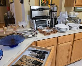 Knives - individual and in sets, food vacuum sealer, blenders, vintage chrome servers, cut glass, cake plates in cobalt blue