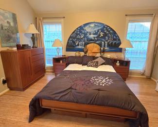 High quality hardwood bedroom suite includes: Queen bed with mattress and box spring (includes underbed drawers) and storage headboard, 2 nightstands, double tall dresser, double dresser with mirror. Other items for sale are a large eye-catching Asian fan, side lamps, and bedding.