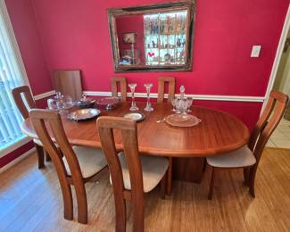 Ansager Mobler - Made in Demark - Beautiful Danish modern teak dining set with 2 leaves and 6 chairs. Assorted glass serving pieces, crystal and more!