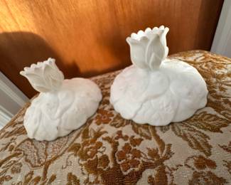 Vintage Fenton White Satin Water Lily Candle Stick Holder