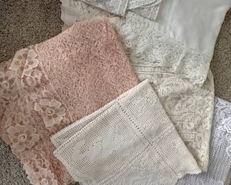Vintage Table Linens, mostly square table cloths, and dresser scarves 