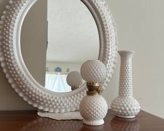 White Hobnail Oil Lamp, Brody & Co Hobnail Vase, Hobnail wall mirror  