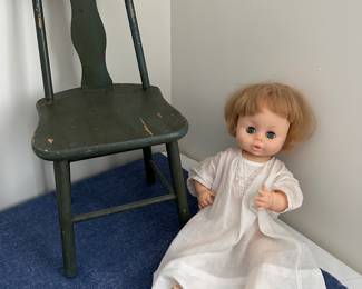 Vintage babydoll, chair, farmhouse 