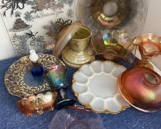 Carnival glass, milk glass 