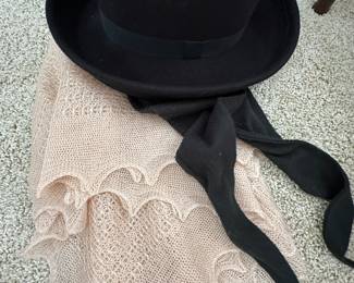 Ladies black wool hat with ties and crocheted scarf