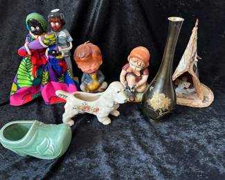 Chokin black vase, antique candle, Dominican Republic figurines