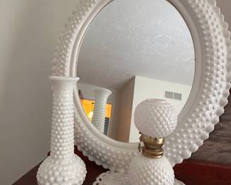 White hobnail vase, oil lamp, mirror (plastic)