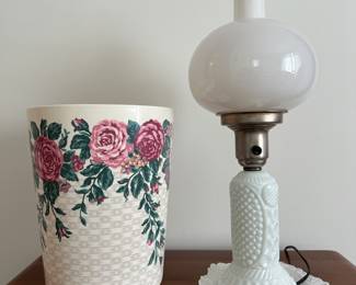 Milk Glass Hurricane Lamp, waste bin 