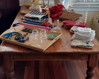 French Pine Table. Rectangular top above a conforming case, fitted with 2 drawers each with pull handles, supported on turned legs. 31 high x 80 wide x 40" deep!
