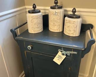 blue washstand and cannisters