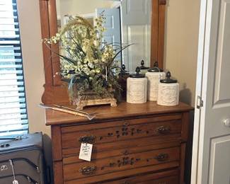 eastlake oak dresser, florals, luggage