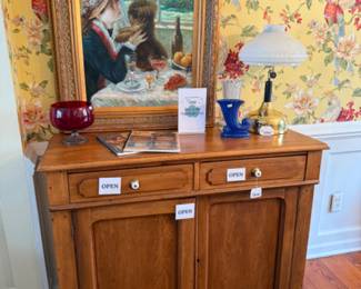 Antique Buffet Side Table, Antique Coleman Quick Lite Gas Light, Vases, Oil Painting Signed Christian