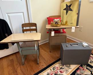 Envoy School Desk, Vintage School Desk, Bulldog Tapestry Pillow, Sewing Machine, Scarlett O'Hara Barbie