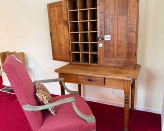 Early American Desk and Hutch, French Bergere Style Armchair
