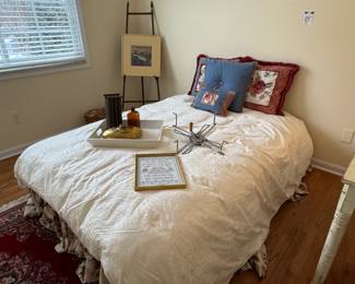 Framed Cross Stitch (A), Leclerc Skeinwinder, Picnic Basket, Easel, J. Parker Lithograph, Full Size Mattress, Blankets,   Pillows
