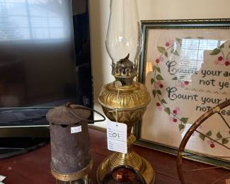 Brass Oil Lamp, Framed Cross Stitch (C)