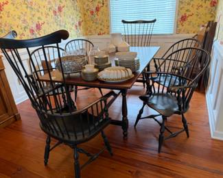 Antique Black Distressed Windsor Chair (A),  Antique Black Distressed Windsor Chair (B),   Antique Bow-Back Windsor Chair (A),  Antique Bow-Back Windsor Chair (B), Eldred Wheeler-Style Table (W.L.)

