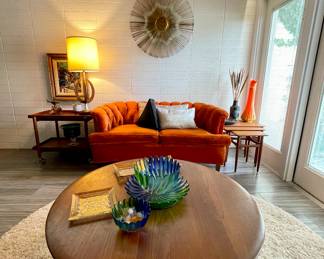 - Orange Panne Velvet Curved Shelter Settee 
- Peter Hvidt, Orla Molgaard Minerva Coffee Table with lower cane floating shelf France & Son
- Vintage Walther Round Glass Finger Bowls and Tray 