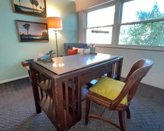 Mission Style Desk and Gunstock Oak Desk Chair, circa 1960s 
