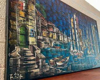 Detail pic, MCM Heavy Impasto Sailboat Harbor
artist signed H. Polt
Approx Dimensions 20x40 