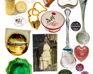 JEWELRY COUNTER OPENING @ 10 am
Antique - Vintage Collectibles: Buttonback Pins, Trinket Trays, Travel Designer Makeup Containers, Gift Presentation Boxes, Ephemera, Dollhouse Spoons, etc. 
