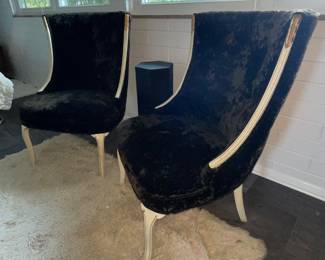 Hollywood Regency Black crushed velvet Empire Slope Occasional chairs