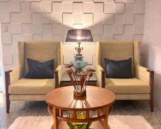 Lane Comet 38" Round Coffee Table 
(2) Craftmaster Large Wingback Upholstered Chairs 
Wood Table Sculpture 
(Lamp NFS)