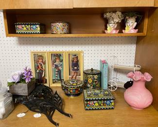 MCM Big Eye Girls. 
Pink Satin Fenton Glass vase 
Daner Collector Tins
1950s Ladies Planter busts 