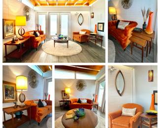 -Madmen Room- 
Round Off-White Soft Shag rug with an Orange Panne Velvet Parlor Sofa and Coordinating Orange Occasional chair surrounded by Mid Century decor, furnishings, poker chips, cards, and barware. 