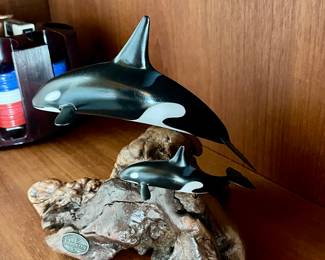 - Signed John Perry Orca soapstone sculpture on wood 