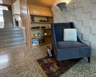 Blue Velvet Slipper chair 
Vintage Lucite Torchiere lamp 