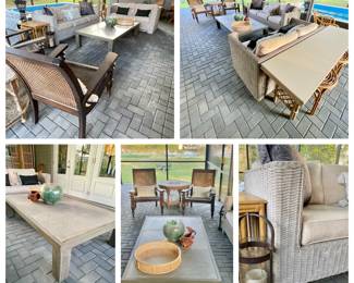 1980s Outdoor Wicker Sofa & Loveseat 
RH large outdoor table
2 Plantation Chairs 
Vintage Moroccan Octagonal table 