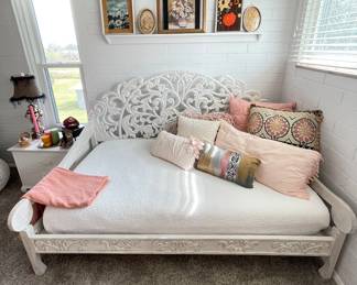 - Carved Wood, White washed
- Full size Mattress 