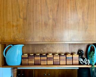 - Set of Wood Spice jars, cork tops 
- Hall Pottery, Nora Pitcher