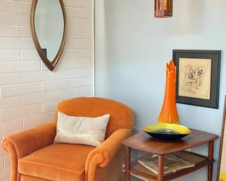 - Vintage Velvet Occasional chair 
- Peter Hvidt, Orla Molgaard Mnerva Side Table with lower cane shelf, France & Son
- 2of2 Large Flame Swung glass vase 24"