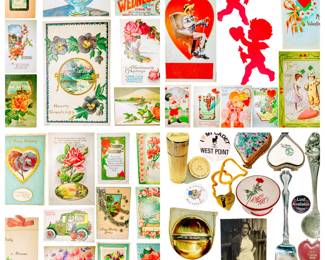 JEWELRY COUNTER OPENING @ 10 am
Antique - Vintage Collectible Ephemera: Postcards, Greeting Cards, Wall Decor. 
Antique - Vintage Collectibles: Buttonback Pins, Trinket Trays, Travel Designer Makeup Containers, Gift Presentation Boxes, Ephemera, Dollhouse Spoons, etc. 